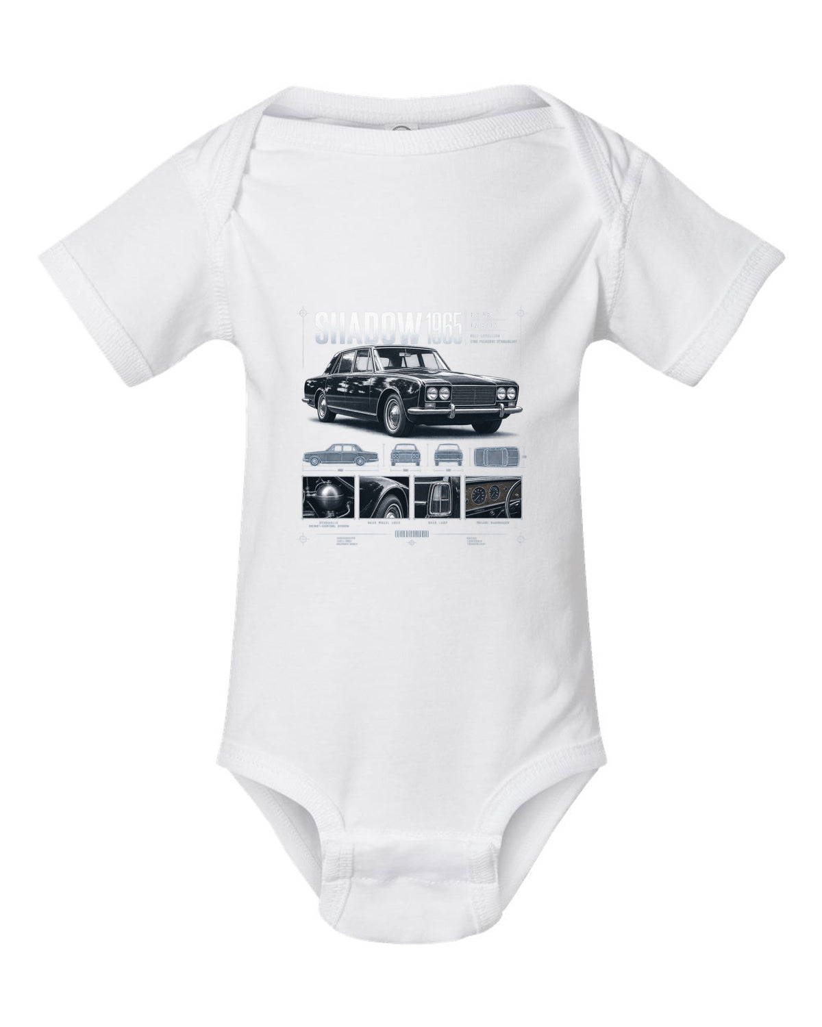 Rolls-Royce Silver Shadow 1965 dossier panels about hydraulics white baby onesie front view with the design