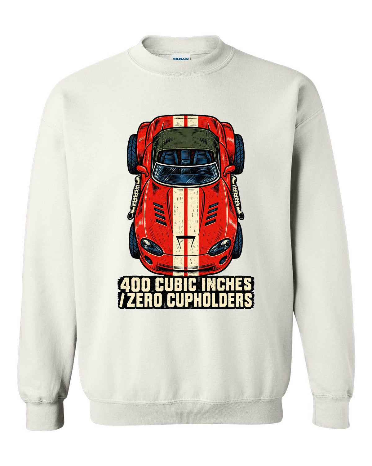 Four-ink linocut print of a 1993 Dodge Viper RT/10 with zero cupholders text white crewneck front view with the design