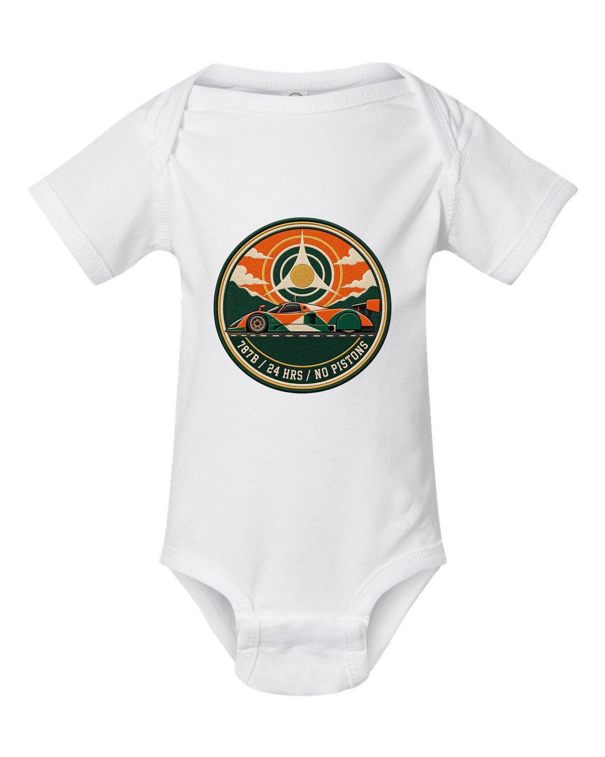 Varsity crest print of the Mazda 787B with 24 hrs and no pistons lettering white baby onesie front view with the design