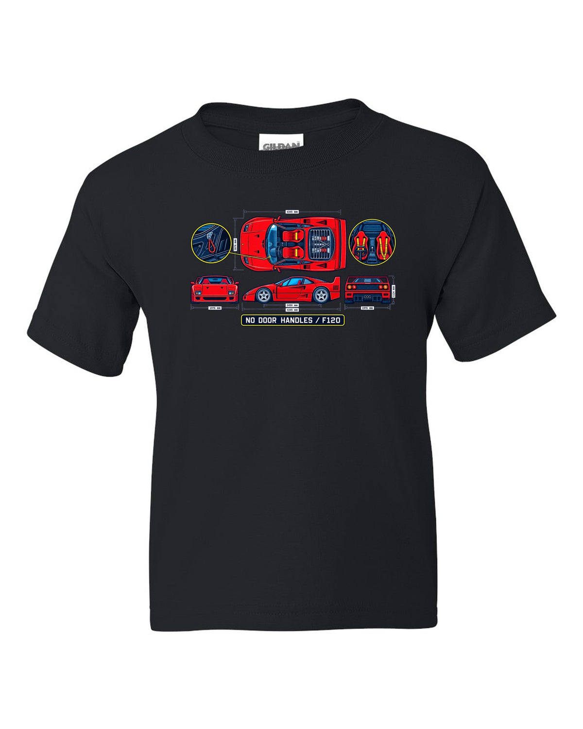 Technical blueprint print of a 1987 Ferrari F40 F120 cabin with no door handles text black kids tee front view with the design