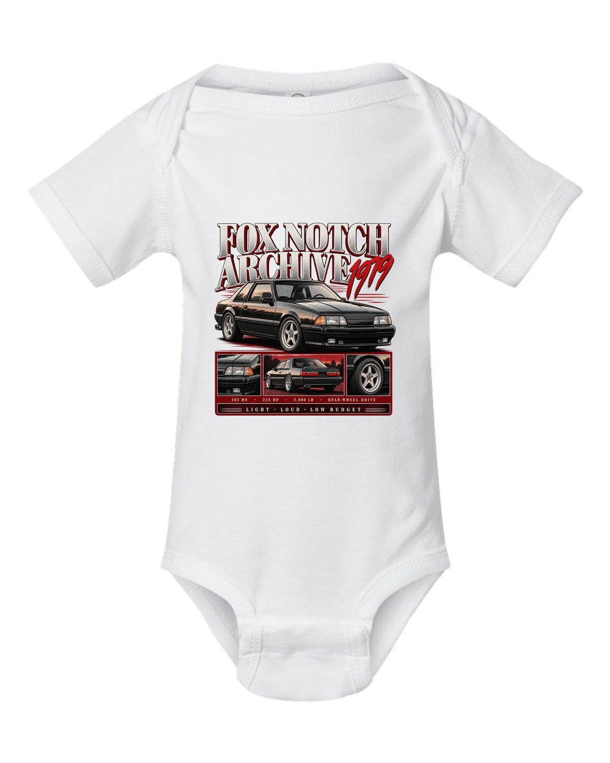 Archive panel print of a Ford Mustang Fox Body notchback coupe with spec lines white baby onesie front view with the design