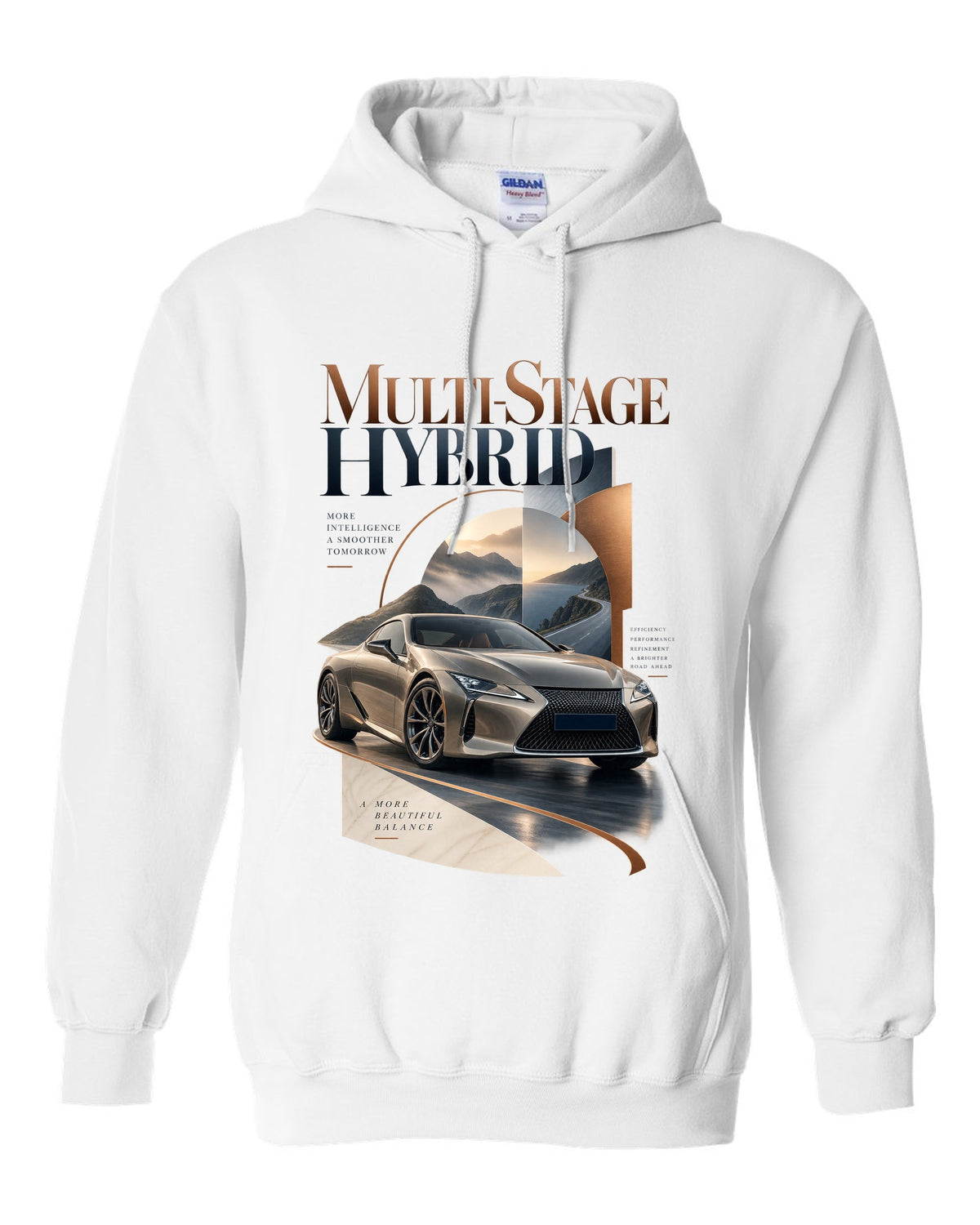 Editorial headline layout for the Lexus LC 500h hybrid white pull over hoodie front view with the design