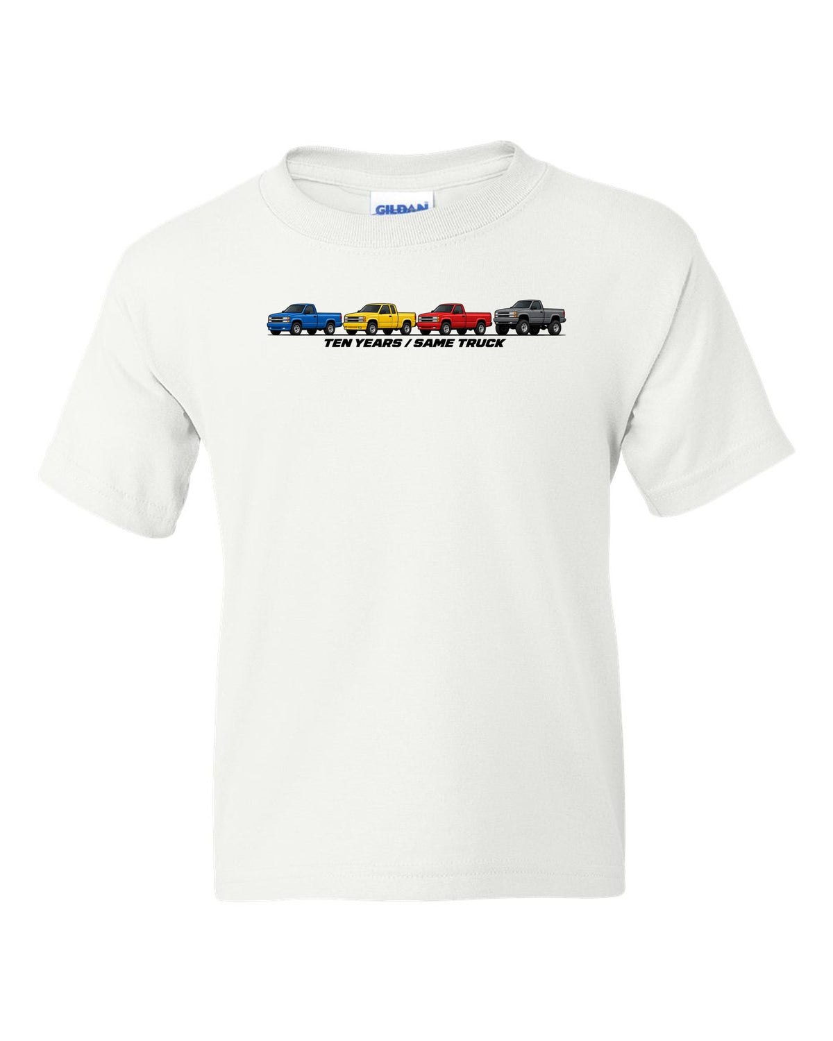 Generation lineup print of 1988-98 Chevrolet GMT400 C1500 K1500 OBS trucks with ten years same truck lettering white kids tee front view with the design