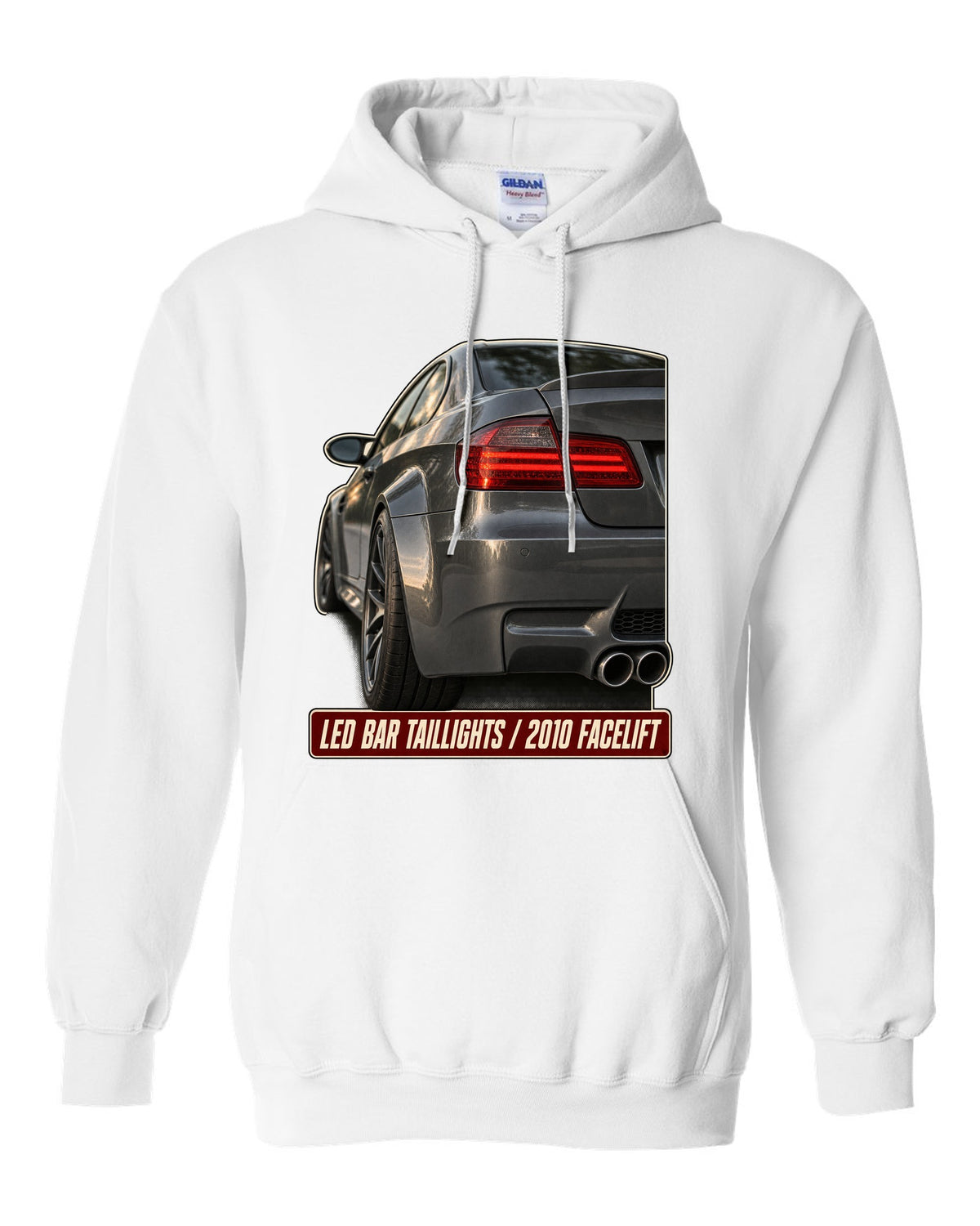 BMW M3 E92 LCI LED bar taillight close-up print white pull over hoodie front view with the design
