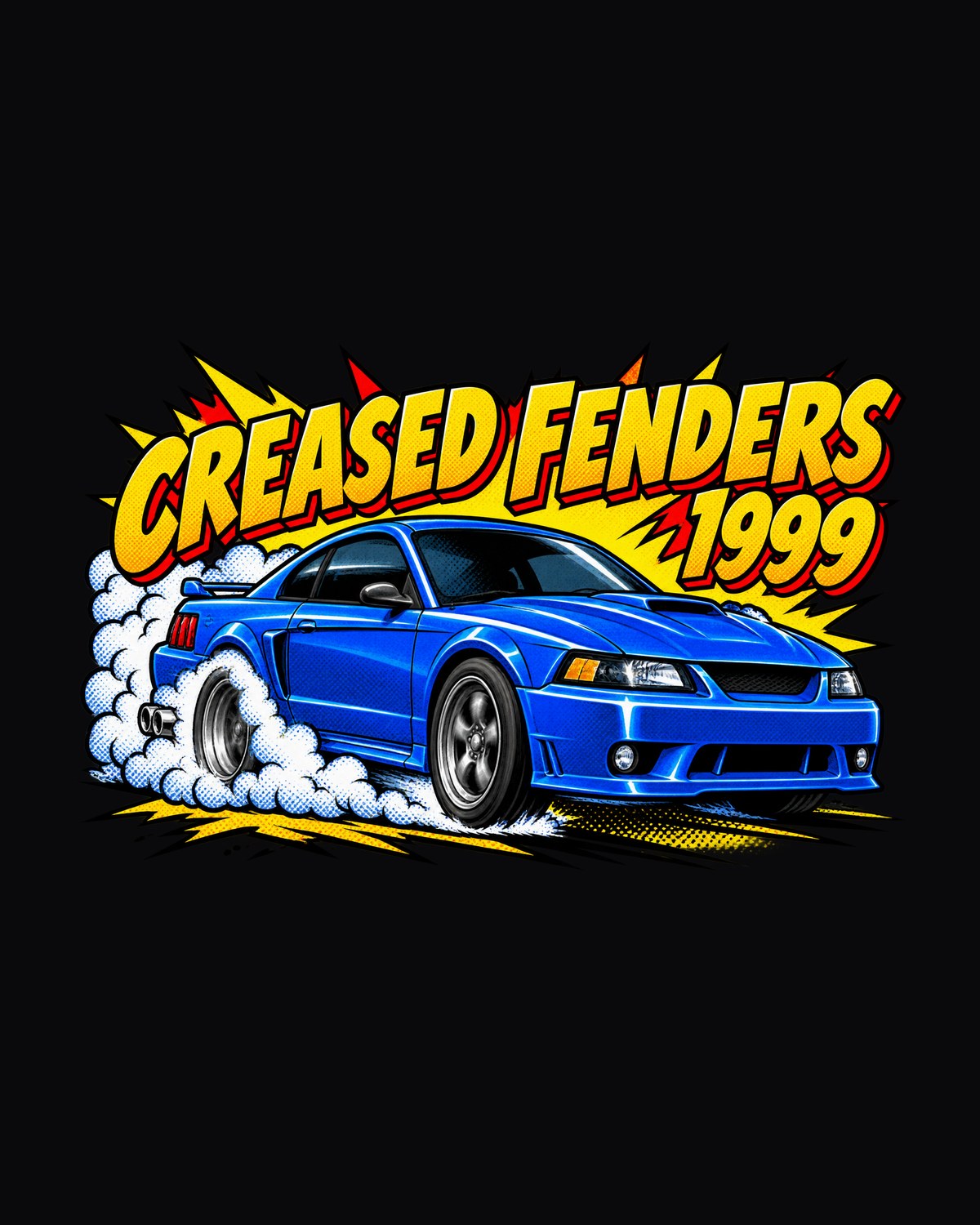 1999-2004 New Edge Mustang Coupe Comic Pop Art Burnout Tee design only
