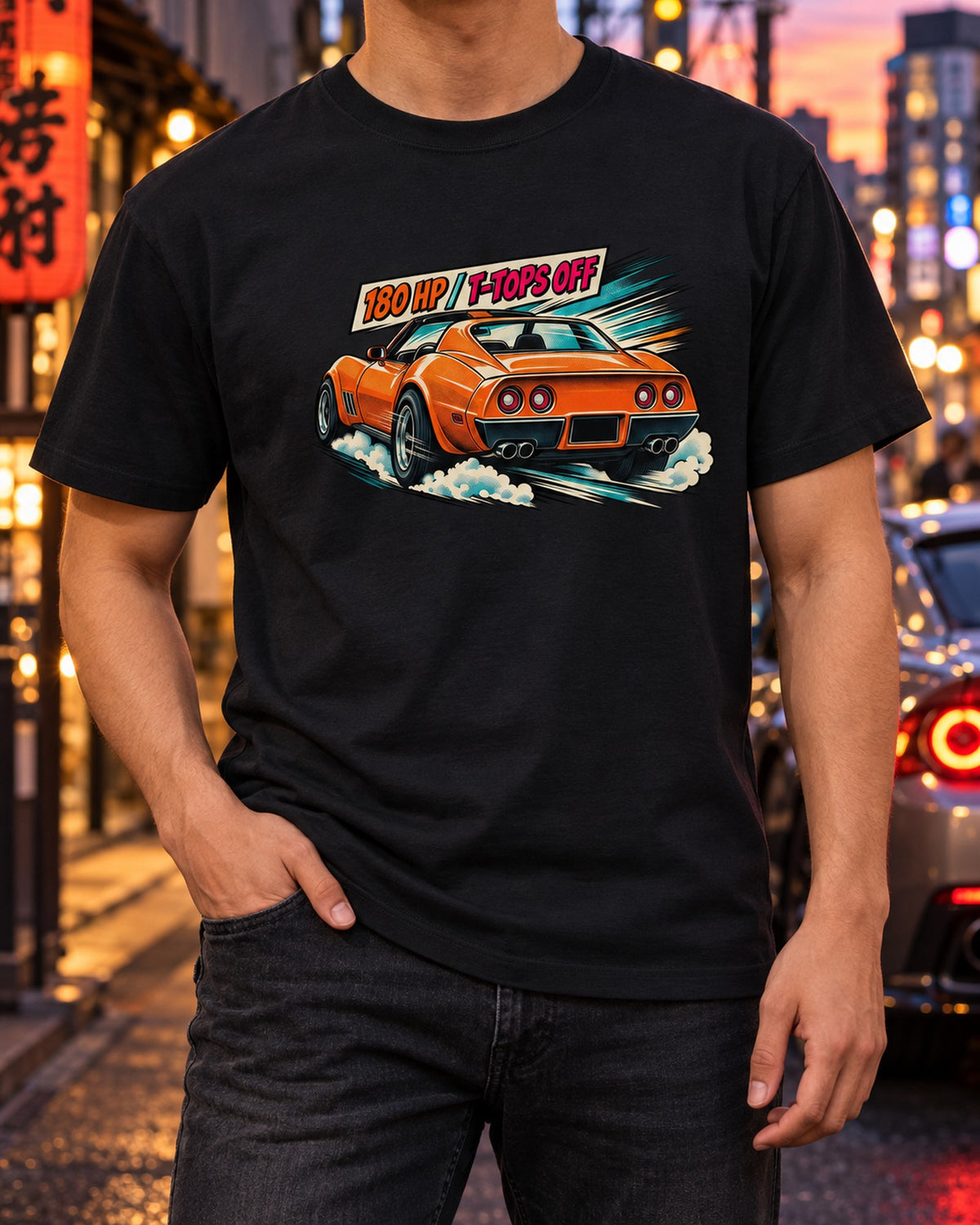 1977 Corvette C3 Stingray Retro Manga Panel Shirt, T-Tops Off T-Shirt Black worn hero