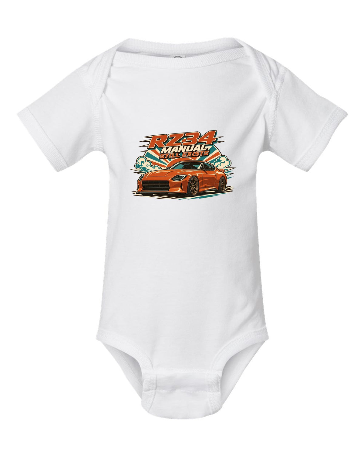 1970s Showa catalogue ad style print of the Nissan Z RZ34 white baby onesie front view with the design