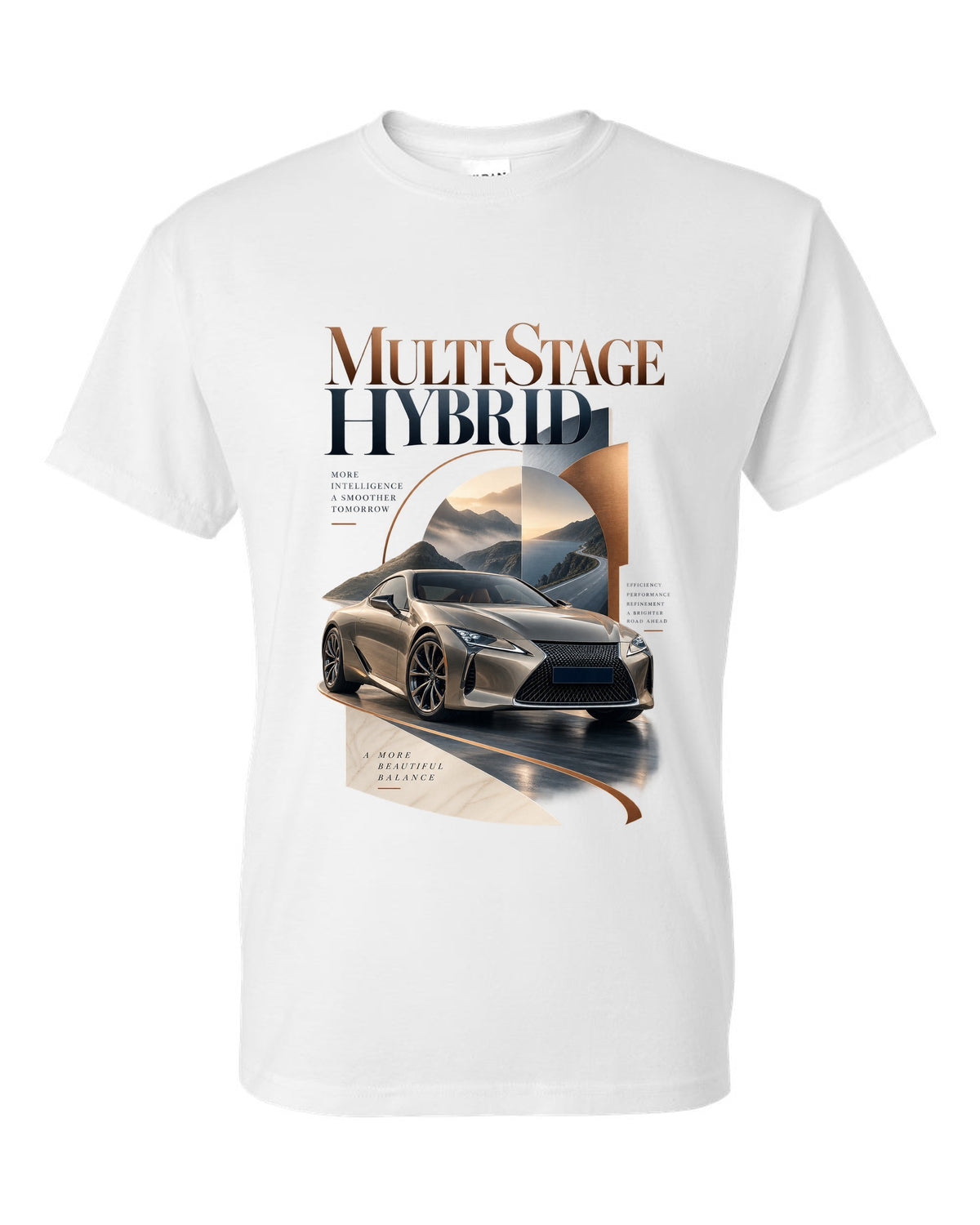 Editorial headline layout for the Lexus LC 500h hybrid white t-shirt front view with the design