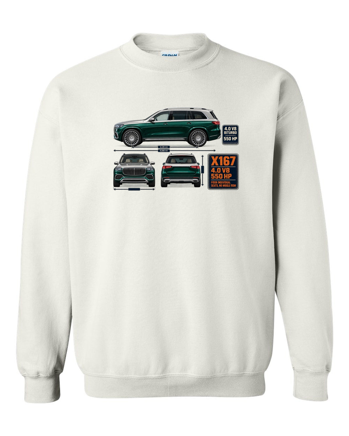 Mercedes-Maybach GLS 600 X167 three-view spec print in obsidian green and silver white crewneck front view with the design
