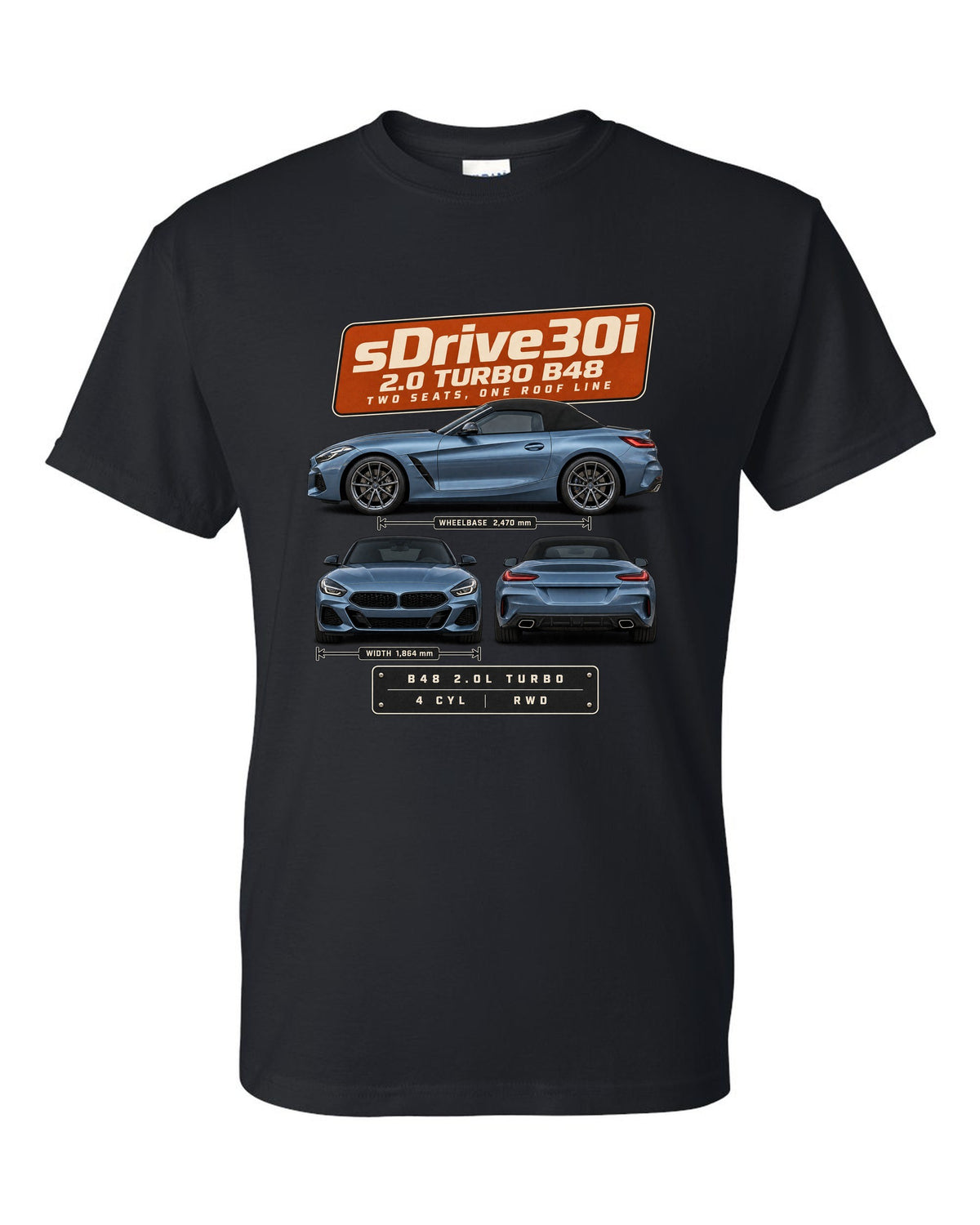 Three-view drawing and spec table print of the BMW Z4 sDrive30i G29 black t-shirt front view with the design