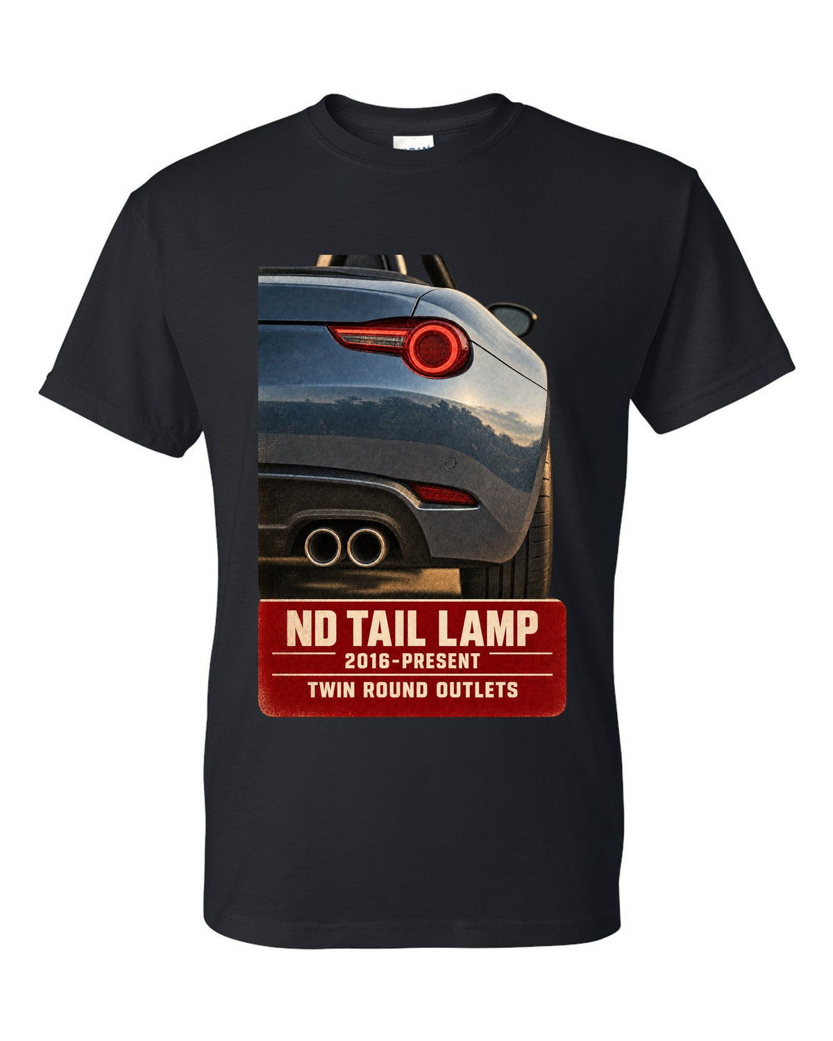 Macro poster-style print of the tail lamp and twin round exhaust outlets on a Mazda MX-5 ND black t-shirt front view with the design