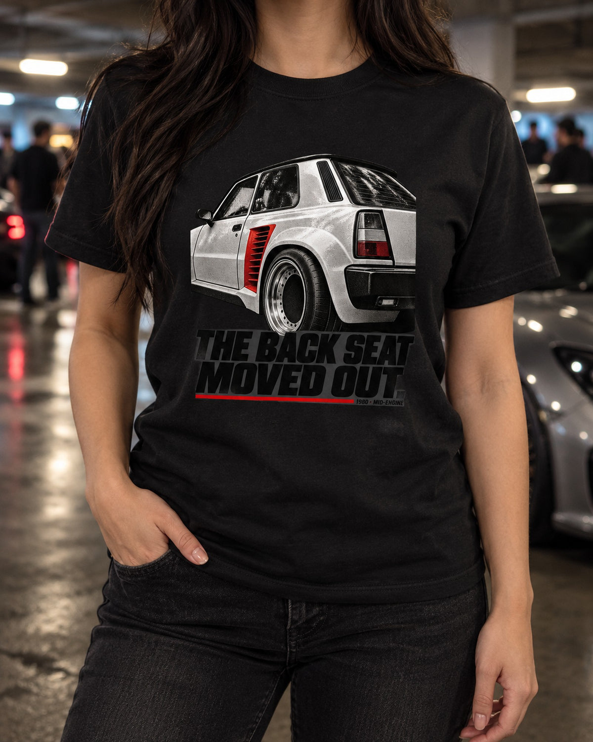 Renault 5 Turbo Rear Detail Shirt, Back Seat Moved Out T-Shirt Black worn hero