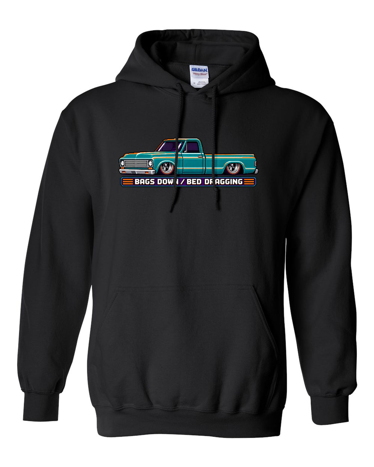 8/16-bit pixel art print of a bagged 1967-72 Chevrolet C10 Action Line Fleetside with bags down bed dragging lettering black pull over hoodie front view with the design