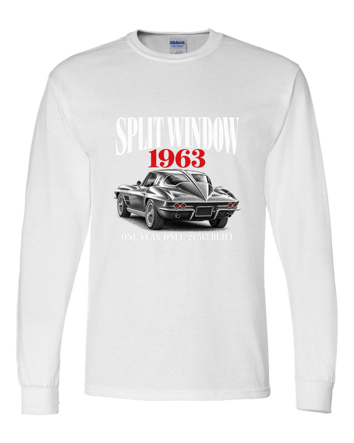 Chevrolet Corvette C2 Sting Ray 1963 split-window coupe editorial print white long sleeve front view with the design