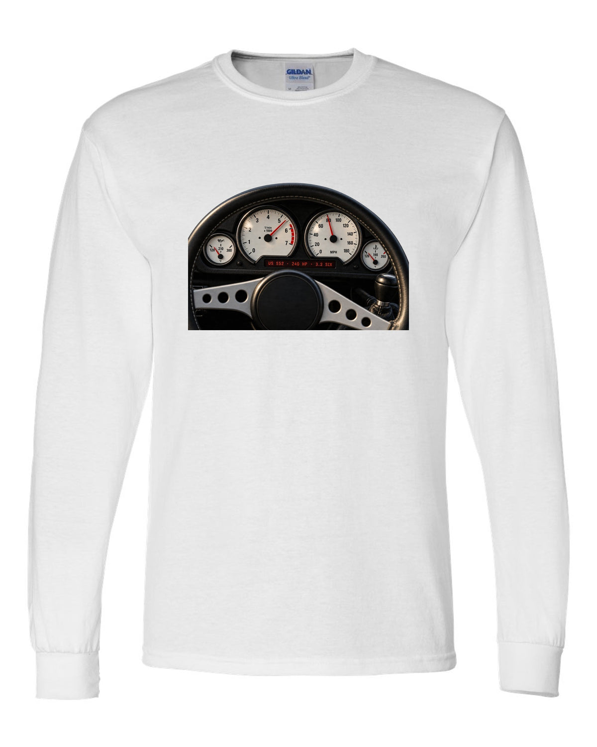 BMW E36 M3 coupe US S52 cockpit gauge print with 240 HP and 3.2 six text white long sleeve front view with the design