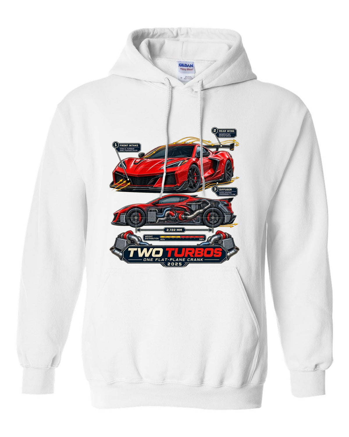 print of a Chevrolet Corvette C8 ZR1 cutaway with callouts for twin turbos and flat-plane crank white pull over hoodie front view with the design