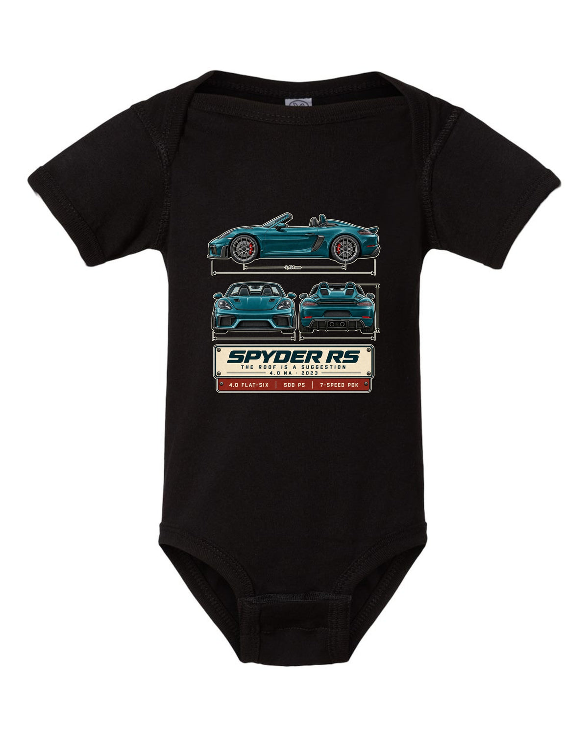 Three-view spec print of a Porsche 718 Spyder RS 982 black baby onesie front view with the design