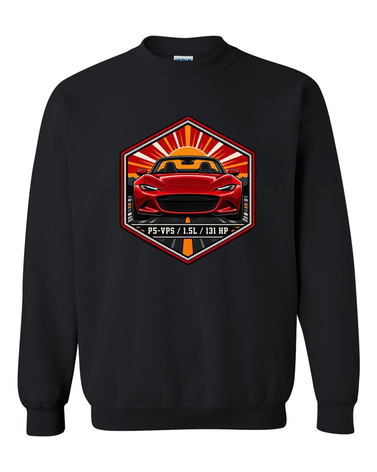 Embroidery-style hex crest of a Mazda MX-5 ND with P5-VPS 1.5L 131 HP text black crewneck front view with the design