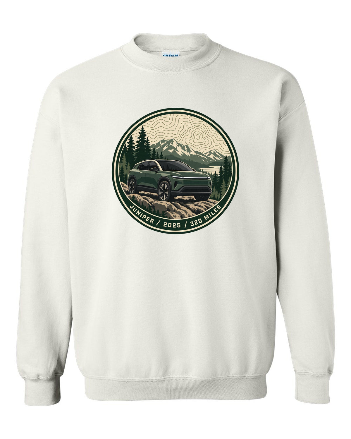 Topographic contour map trail badge print for a Tesla Model Y Juniper reading Juniper 2025 320 Miles white crewneck front view with the design