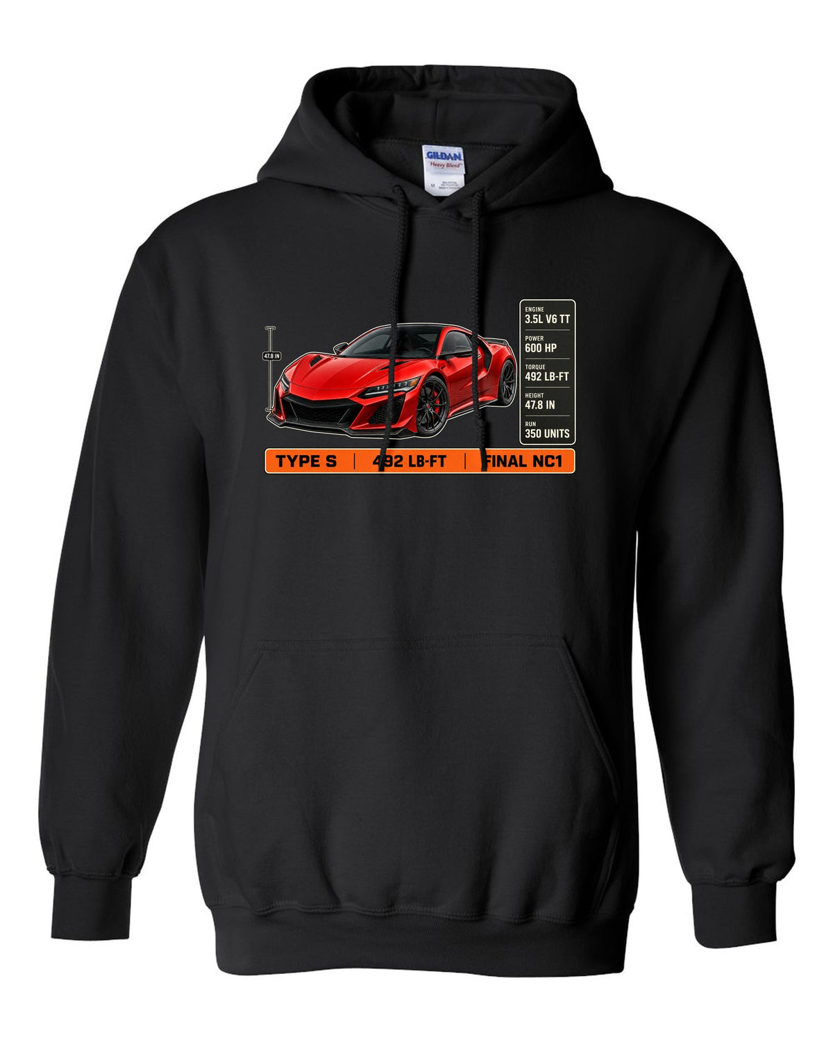 Spec poster print of a Curva Red Acura NSX NC1 Type S three-quarter black pull over hoodie front view with the design