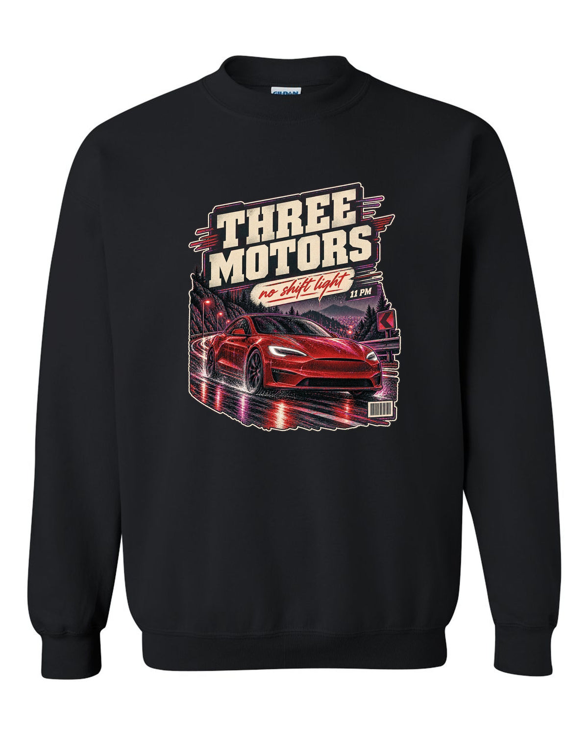 Night street print of a Tesla Model S Plaid on a wet road black crewneck front view with the design