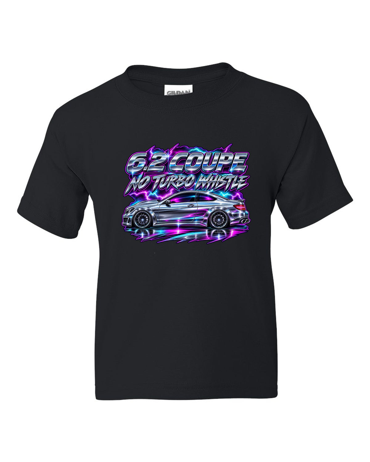 80s chrome airbrush print of a Mercedes C63 Coupe C204 black kids tee front view with the design