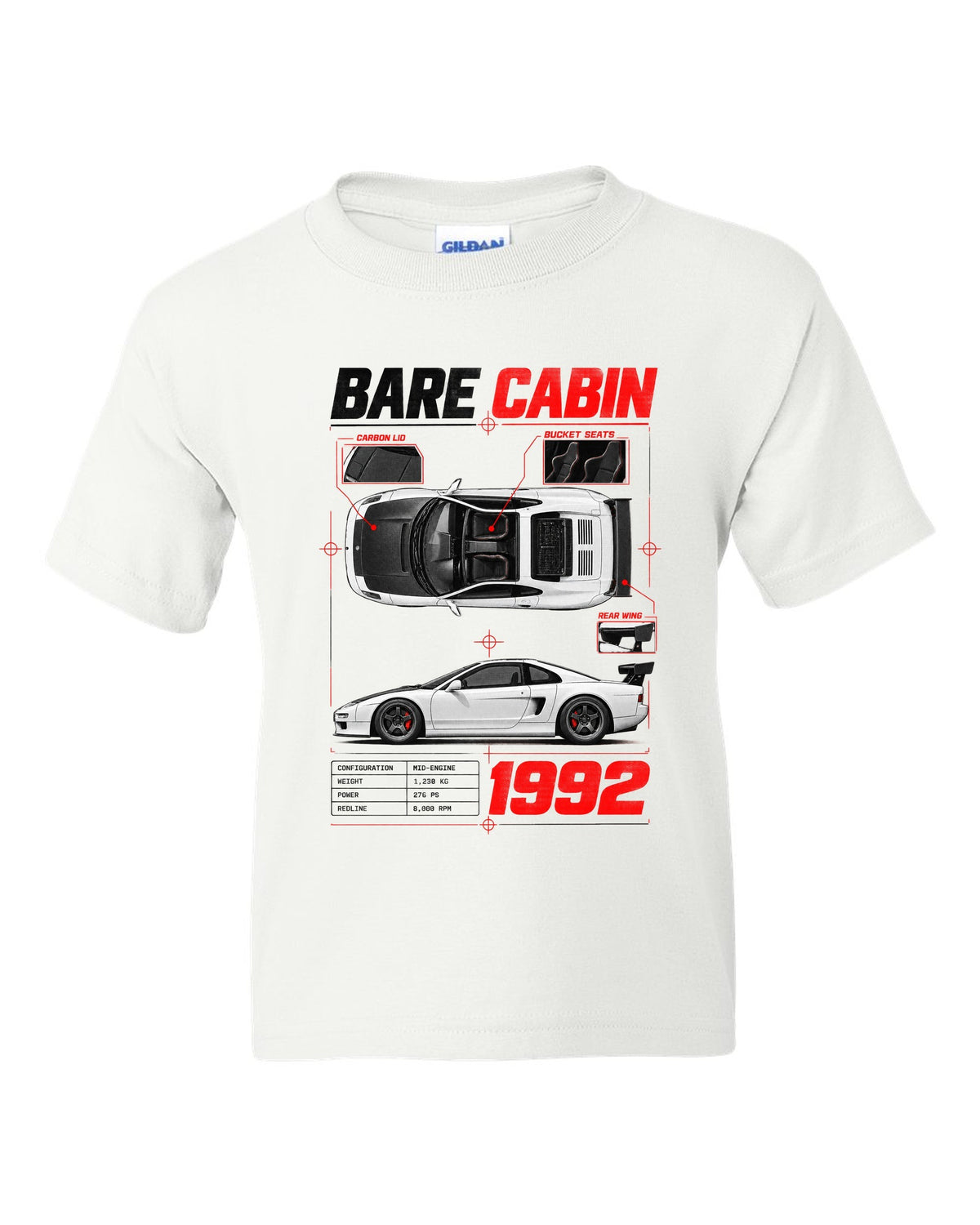 Spec poster print for the 1992 Honda NSX-R NA1 listing bare cabin, bucket seats and carbon lid white kids tee front view with the design