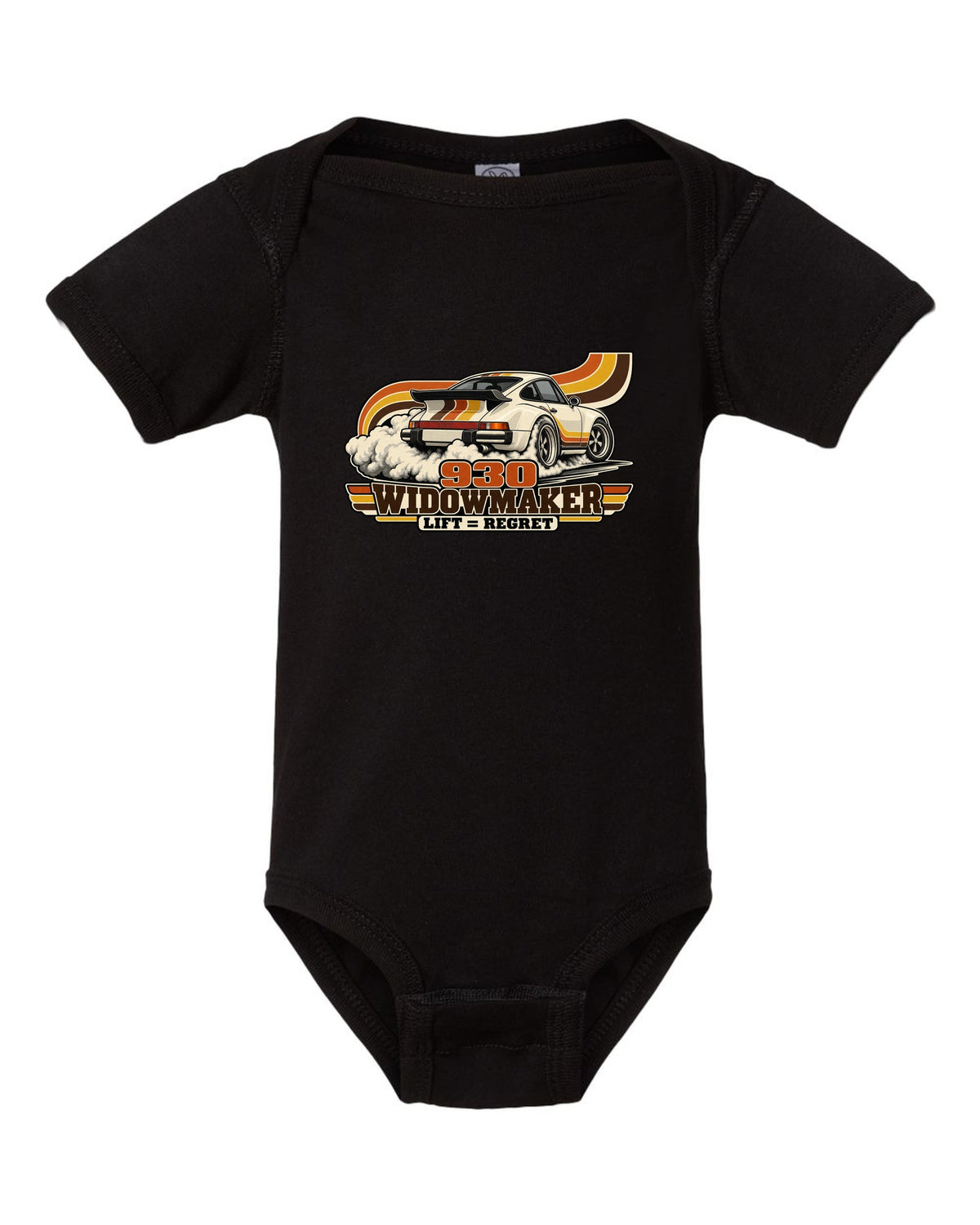 Retro 70s striped illustration of a Porsche 911 Turbo 930 with whale tail black baby onesie front view with the design