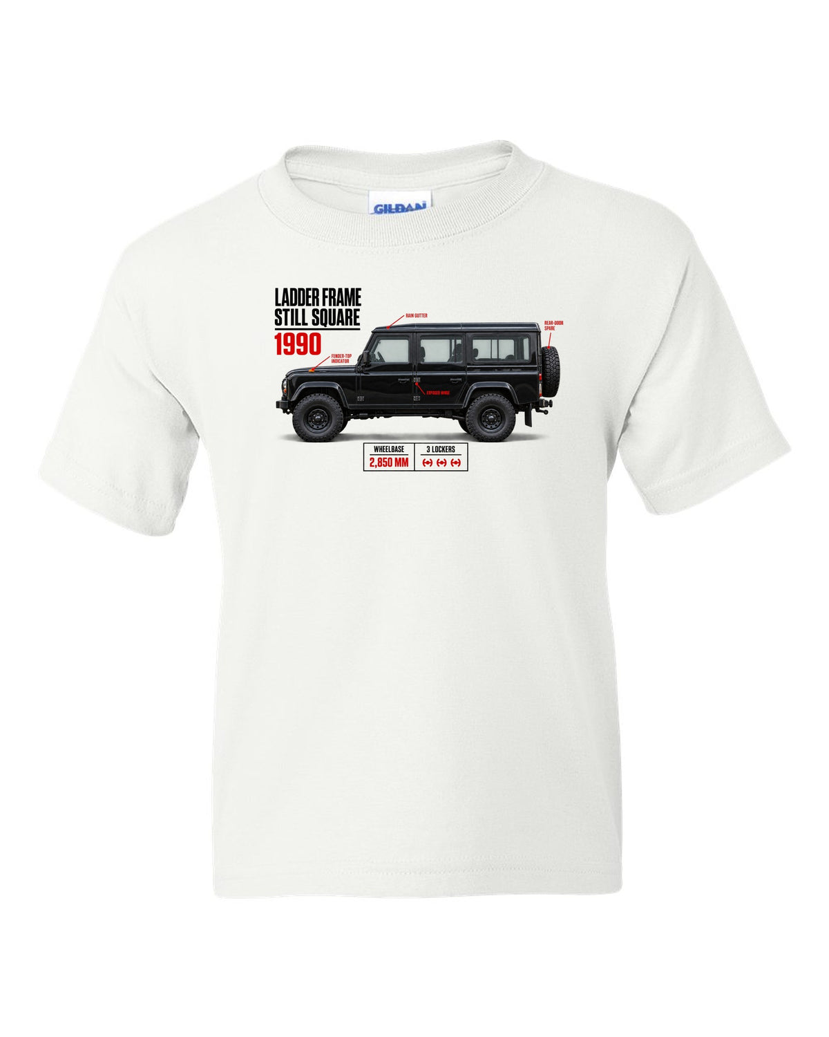 print spec poster of a Mercedes G-Class W463 with text ladder frame, 1990, still square white kids tee front view with the design