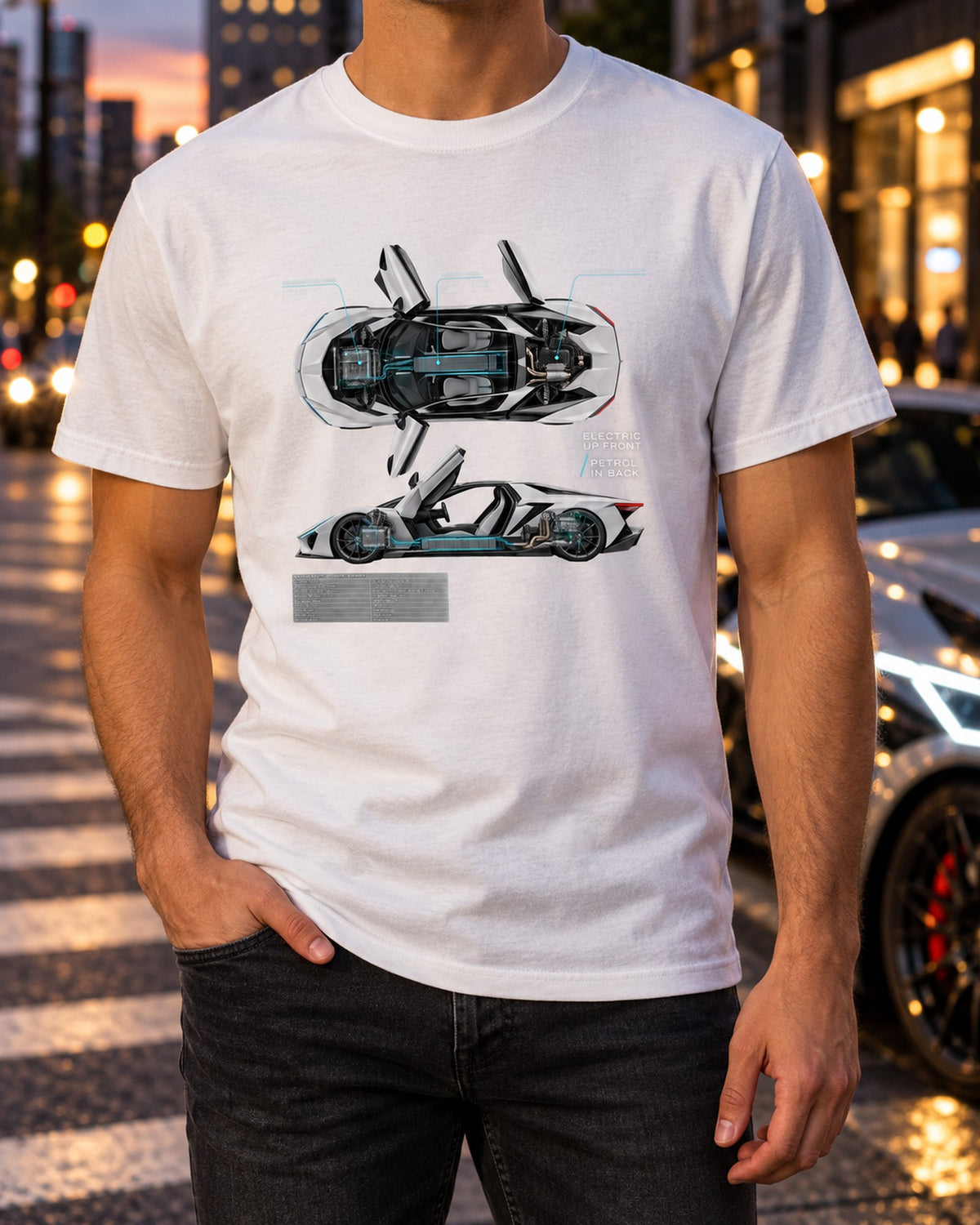 BMW i8 I12 Spec Poster Shirt, Electric Front Petrol Rear T-Shirt White worn hero