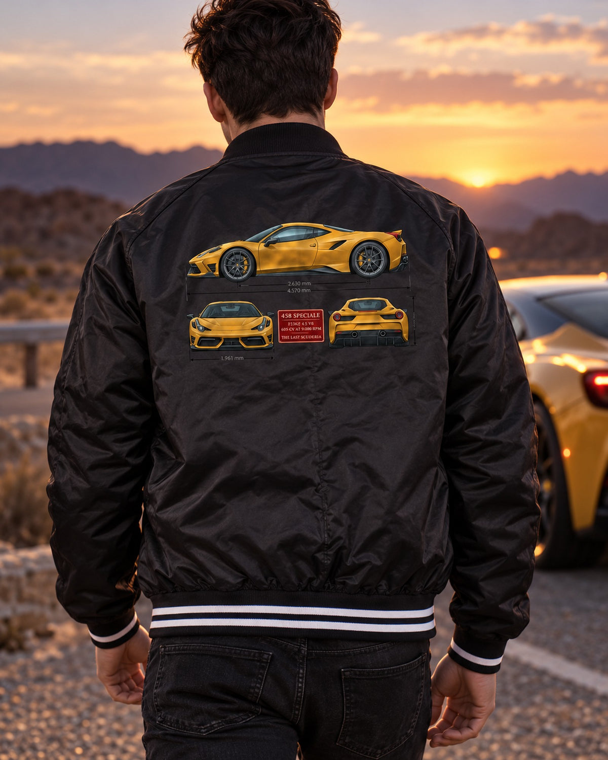 Ferrari 458 Speciale Three-View Shirt, F136FL V8 Spec Table Bomber Jacket Black worn hero