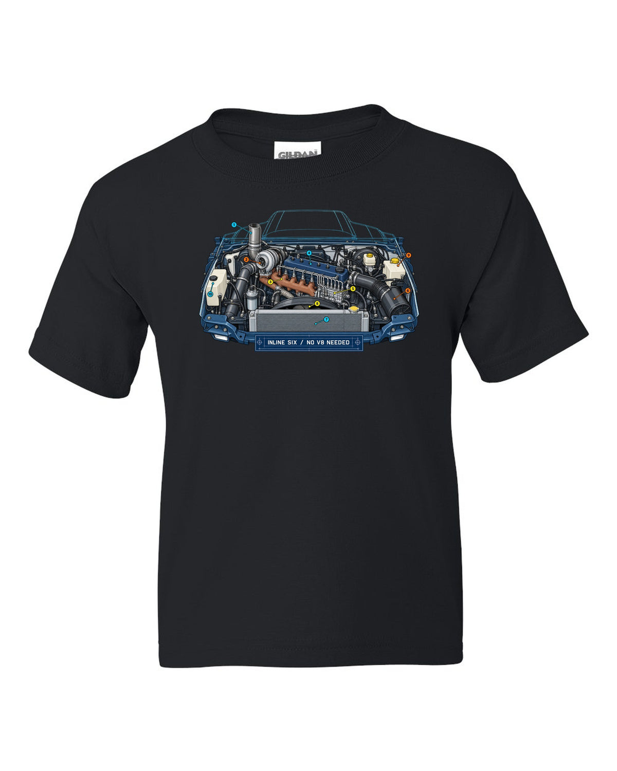 Blueprint-style print of a 1994-1998 Dodge Ram 2nd gen 5.9 inline-six diesel engine bay black kids tee front view with the design