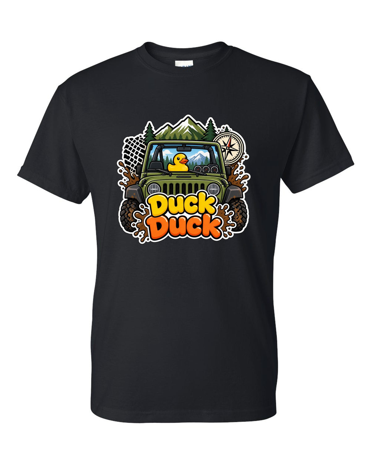 Sticker-bomb collage print of a Jeep Wrangler JK dashboard with ducks black t-shirt front view with the design