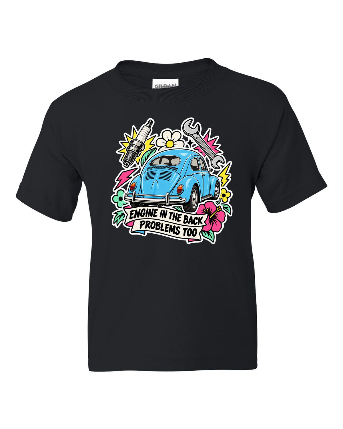Sticker-bomb collage of a VW Beetle Type 1 with engine in the back lettering black kids tee front view with the design