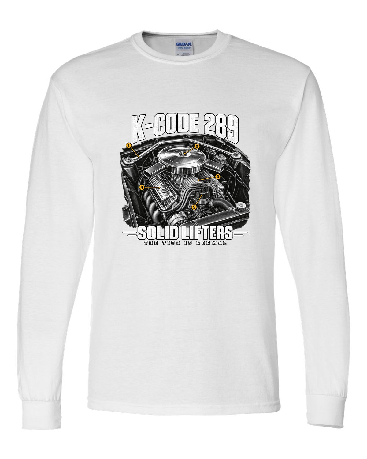 Engine illustration of a 1965 Ford Mustang K-code 289 V8 with solid lifter callouts white long sleeve front view with the design