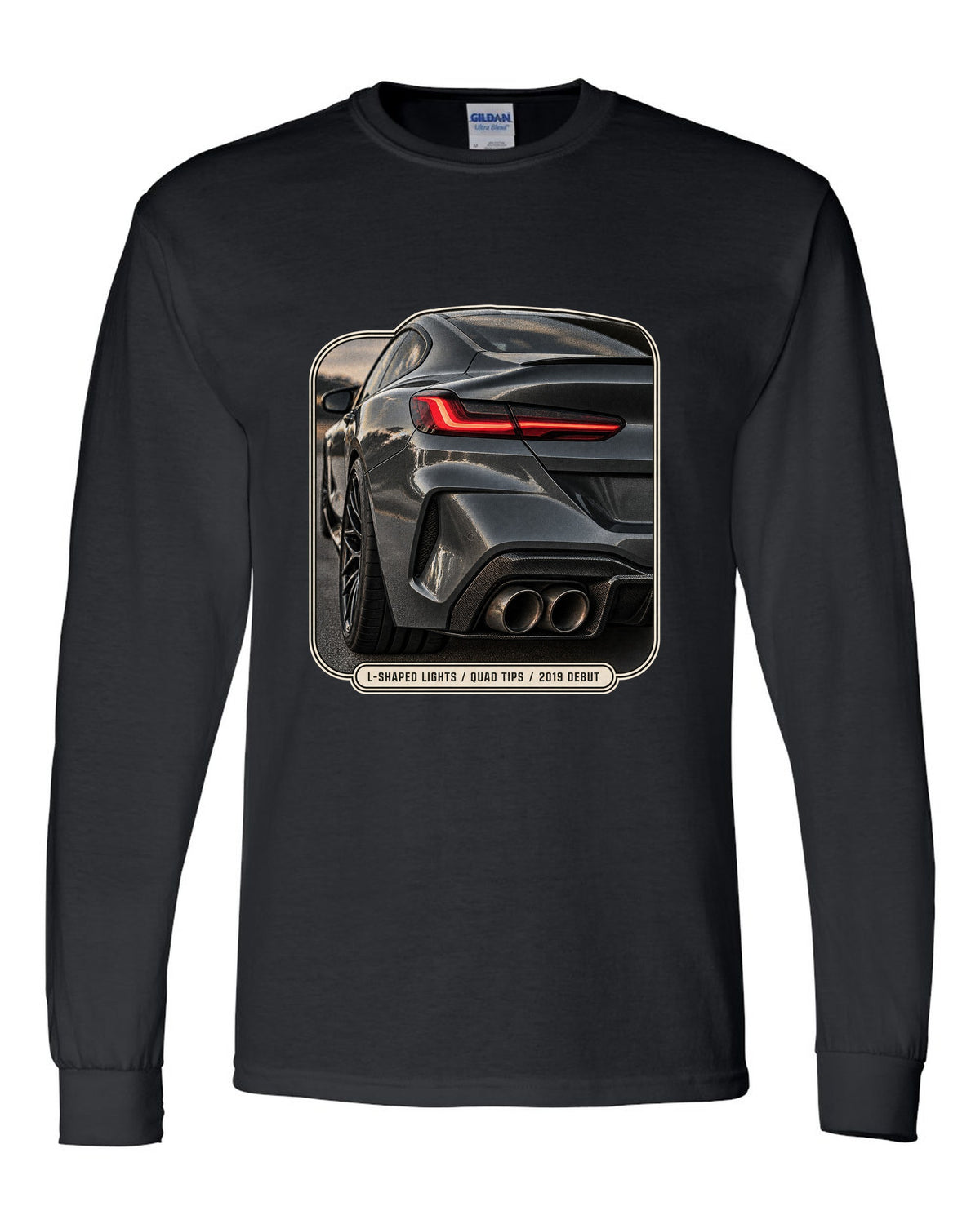 BMW M8 Competition F92 taillight detail macro print on a tee black long sleeve front view with the design
