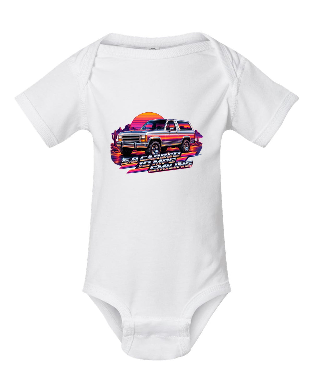 80s airbrush chrome art of a 1980-86 Ford Bronco Bullnose at sunset with 5.8 CARBED 10 MPG lettering white baby onesie front view with the design