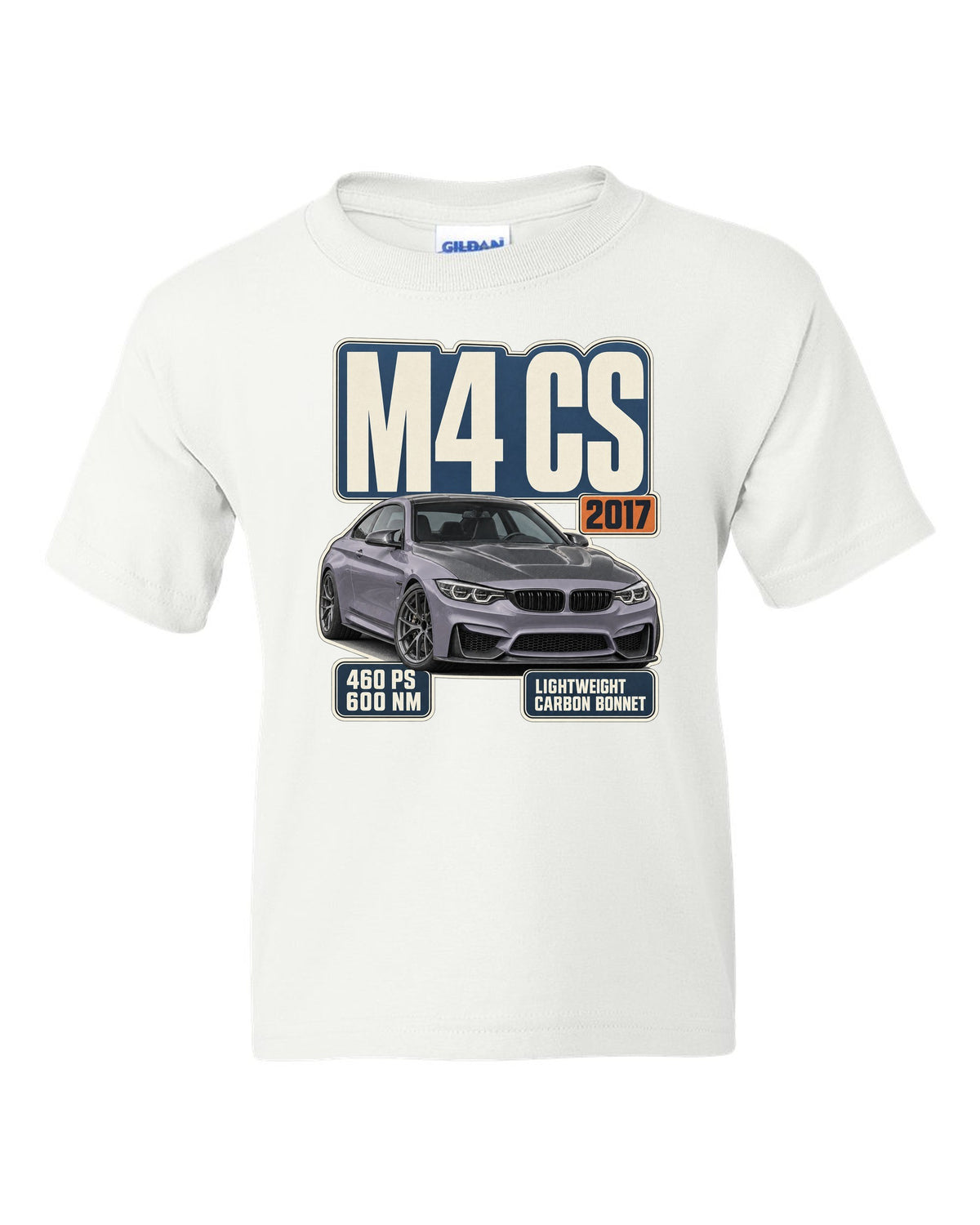 BMW M4 CS F82 editorial headline print design white kids tee front view with the design