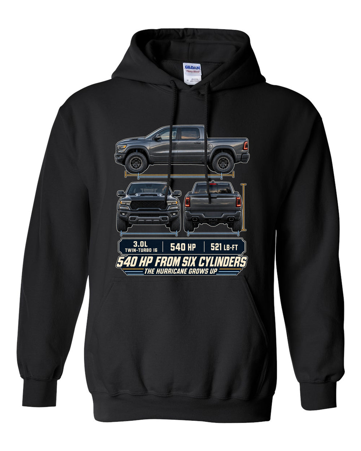 Ram 1500 RHO 2025 three-view drawing with spec table print black pull over hoodie front view with the design