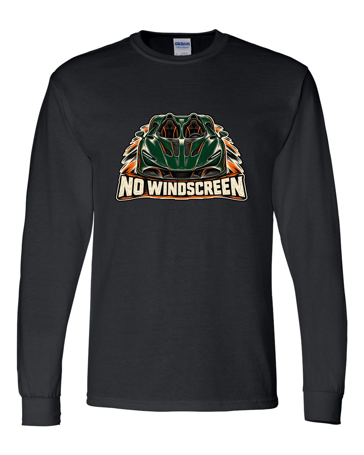 McLaren Elva linocut print with accent colour and NO WINDSCREEN lettering black long sleeve front view with the design