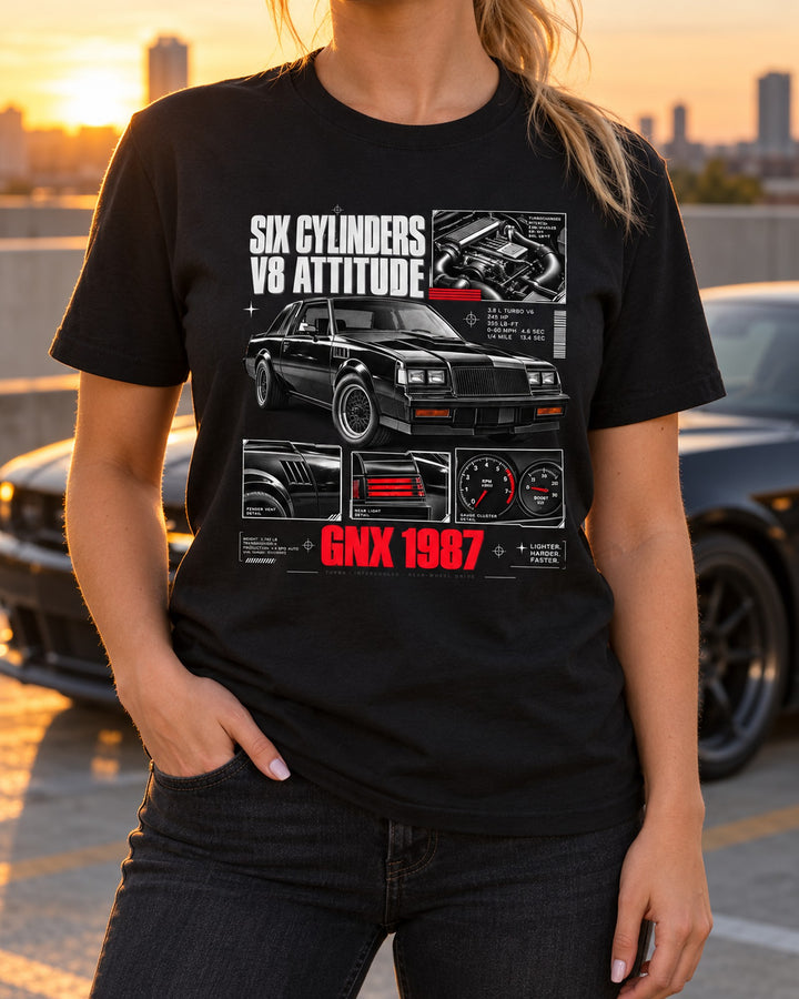 Buick GNX 1987 Dossier Shirt, Six Cylinders V8 Attitude T-Shirt Black worn hero