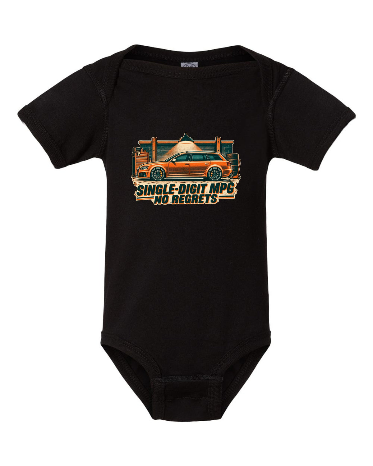 Risograph garage light design of the Audi RS6 Avant C6 4F with single-digit MPG no regrets lettering black baby onesie front view with the design