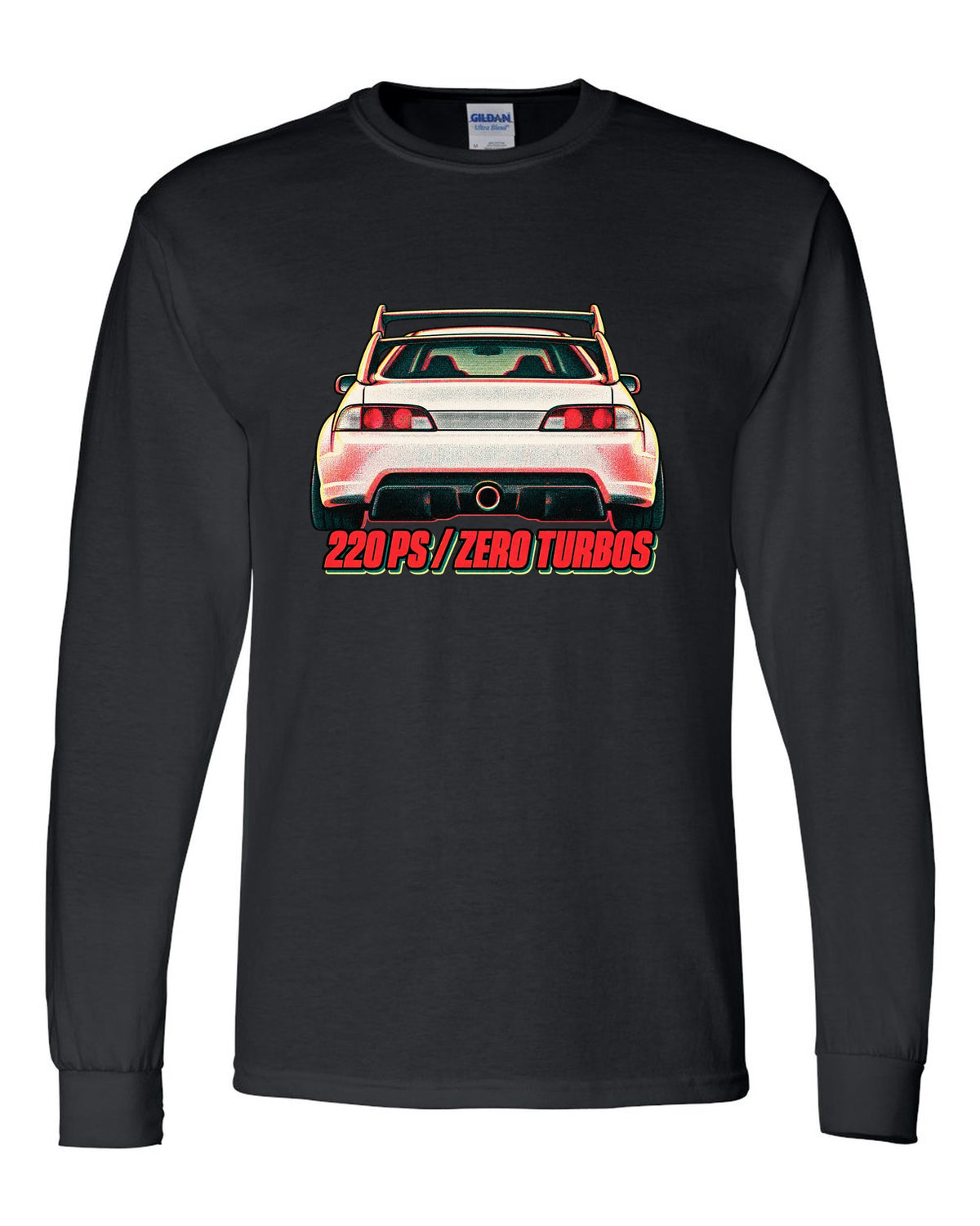 Risograph duotone print of a Honda Integra Type R DC5 with 220 PS zero turbos text black long sleeve front view with the design