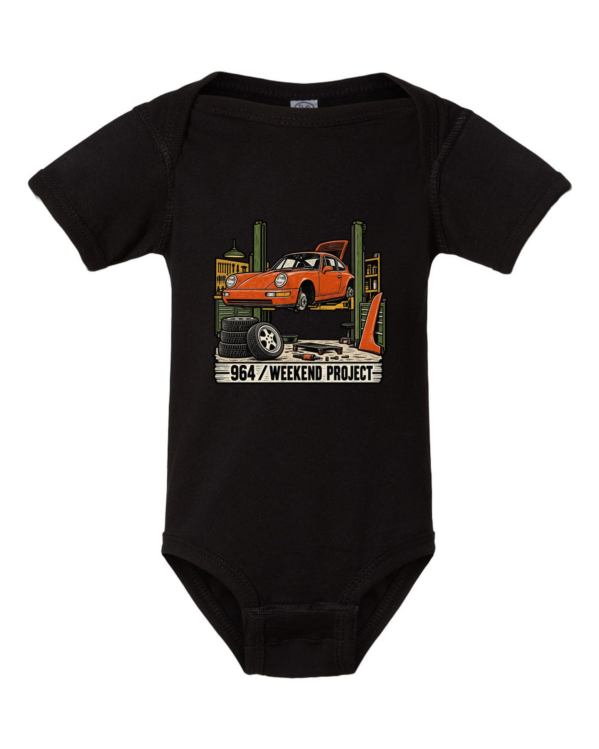 Linocut-style print of a Porsche 911 964 outlaw build with the text 964 Weekend Project black baby onesie front view with the design