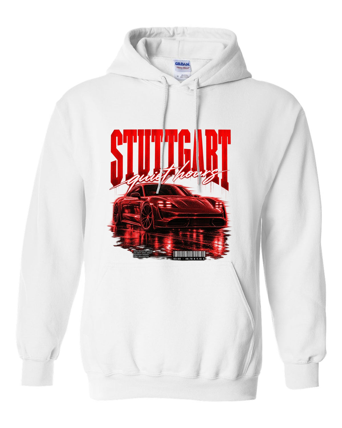 Low widebody Porsche Taycan Turbo S 9J1 street poster with Stuttgart coordinates white pull over hoodie front view with the design