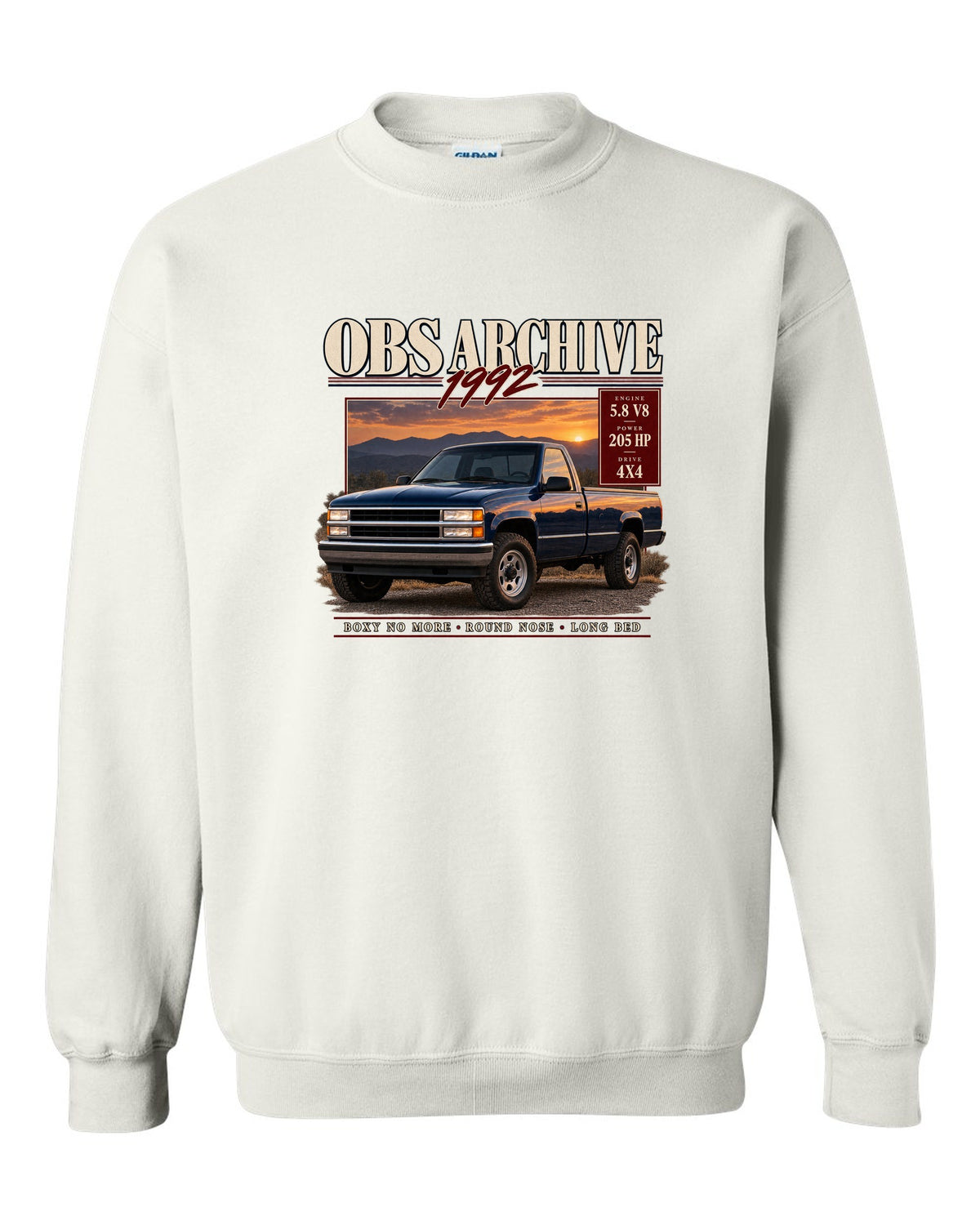 Ford F-150 OBS 1992-97 archive panel print listing 5.8 V8, 205 HP and 4x4 white crewneck front view with the design