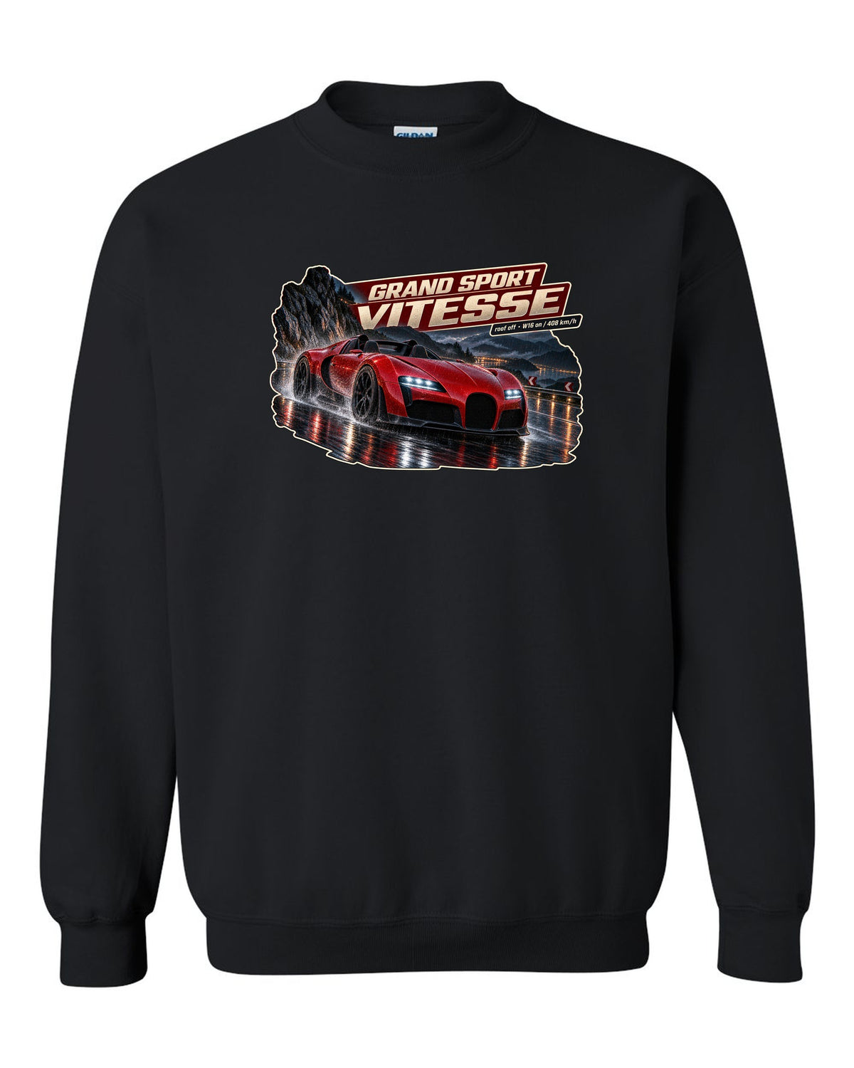 Night street poster of a Bugatti Veyron Grand Sport Vitesse with the roof off, print black crewneck front view with the design