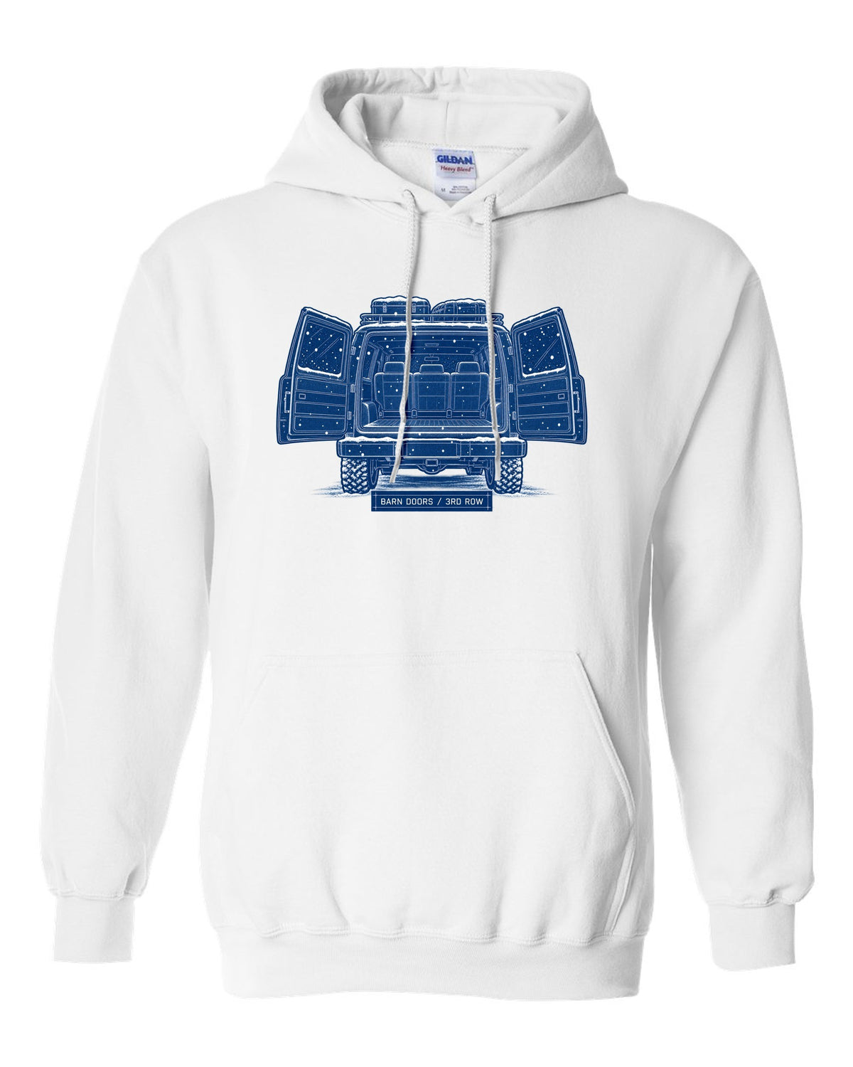 Cyanotype blueprint print of a 1992-1999 Chevrolet Suburban GMT400 with Barn Doors and 3rd Row text white pull over hoodie front view with the design