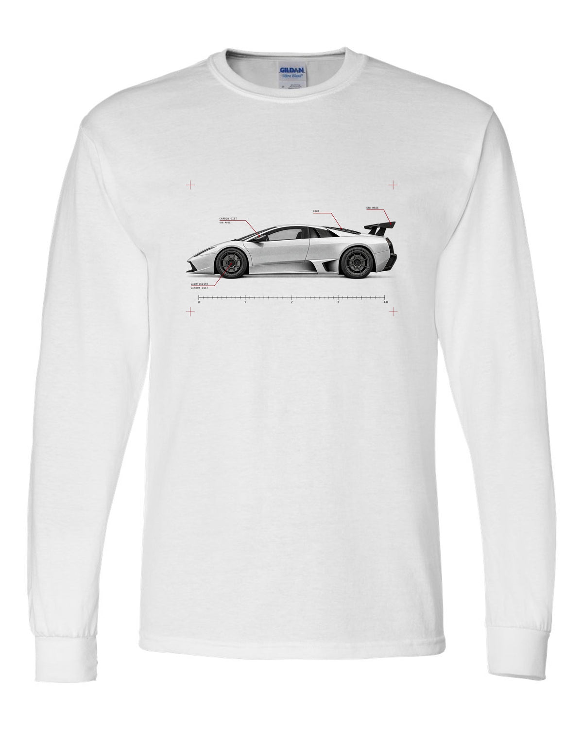 Spec poster print of a Lamborghini Gallardo Superleggera with 618 made and Carbon Diet text white long sleeve front view with the design