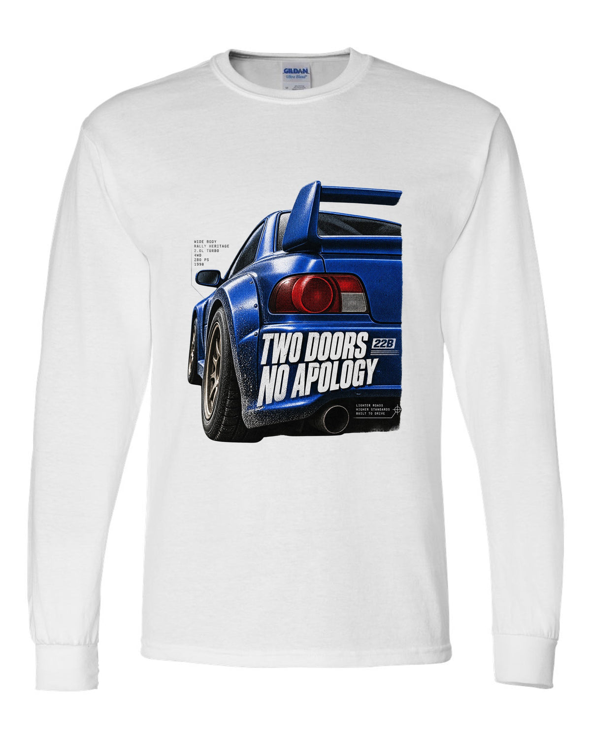 Macro detail of the Subaru Impreza 22B STI rear wing with two doors no apology text white long sleeve front view with the design